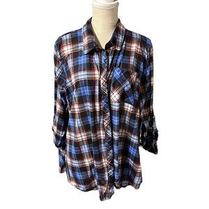Rue 21 Long Sleeve Button Up Plaid Shirt Blouse Blue Black Red White Womens 2X